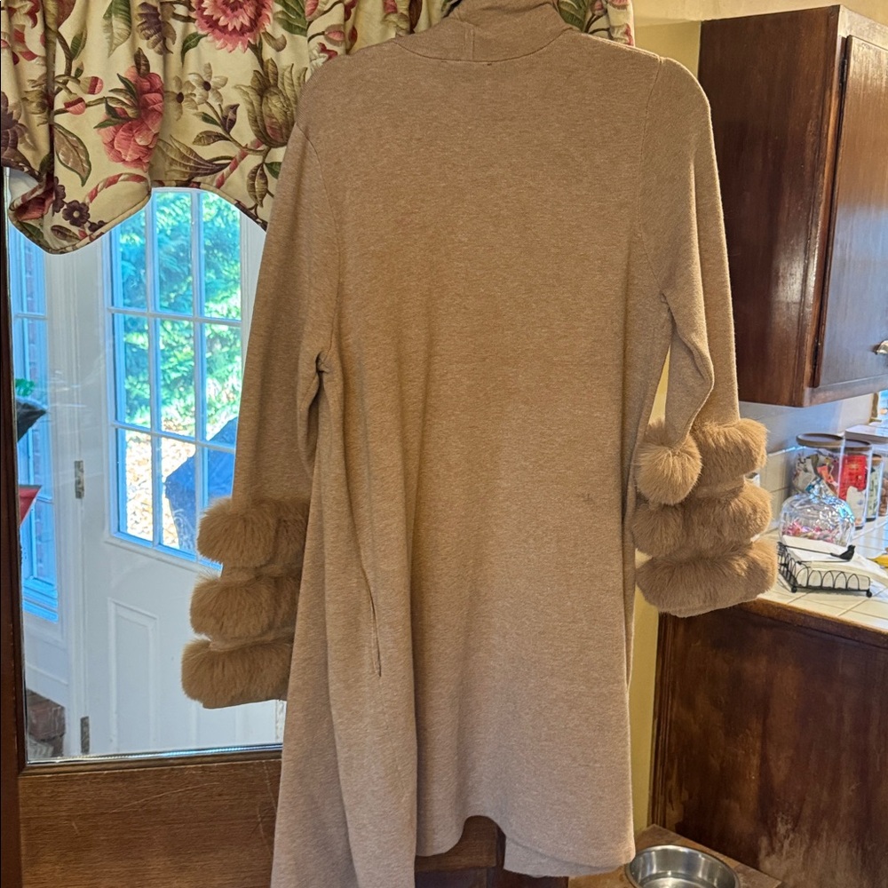 Saks Fifth Avenue Tan Cardigan with Faux Fur Sleeves - Picture 2 of 3